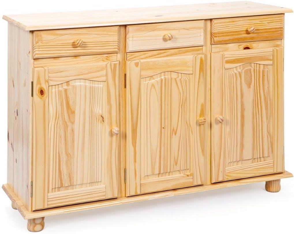Inter Link - Cómoda de estilo rústico - Aparador - Aparador buffet - Estilo rústico - Mueble auxiliar - Pino macizo - 3 puertas - 3 cajones - Natural lacado - Abaco