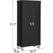 Gabinete de almacenamiento para garaje con ruedas y tablero perforado, armario de metal con cerradura de 72" de altura, 2 puertas y 4 estantes ajustables para taller de garaje