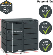 Caja clásica para 2 cubos de basura (240 L) de acero galvanizado, revestimiento metálico para 2 cubos en color antracita, robusto y resistente a la intemperie