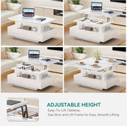 Mesa de centro elevable YITAHOME, mesa de salón de alto brillo con 2 cajones y LED, mesa de centro con compartimento oculto, mesa de café convertible en mesa de comedor
