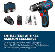 Taladro percutor a batería Bosch Professional 12V System GSB 12V-15 (Ø de perforación en madera máx.: 19 mm, incl. 2 baterías de 2.0Ah + cargador, 2 juegos de brocas, 1 juego de puntas, bolsa de herramientas) - Exclusivo de Amazon