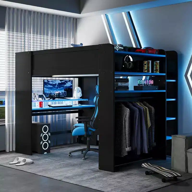 Cama alta de tamaño completo Luxystar con escritorio ajustable iluminado, armario abierto y estantería