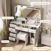 Tocador moderno con espejo grande, 7 cajones, luces LED, silla, 3 modos de iluminación, soporte para secador de pelo y estación de carga para dormitorio