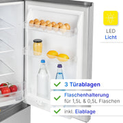 Refrigerador con congelador Bomann® de 143 cm de altura | Frigorífico combi de 175 L con 3 estantes y 3 cajones | Sentido de apertura de puerta reversible | Frigorífico combi silencioso de 39 dB | Frigorífico KG 322.1 aspecto inox