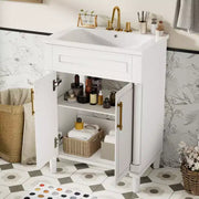 Tocador de baño de 24 pulgadas con lavabo de cerámica, gabinete estilo Shaker, 2 puertas de cierre suave y marco de madera maciza para baño pequeño o tocador
