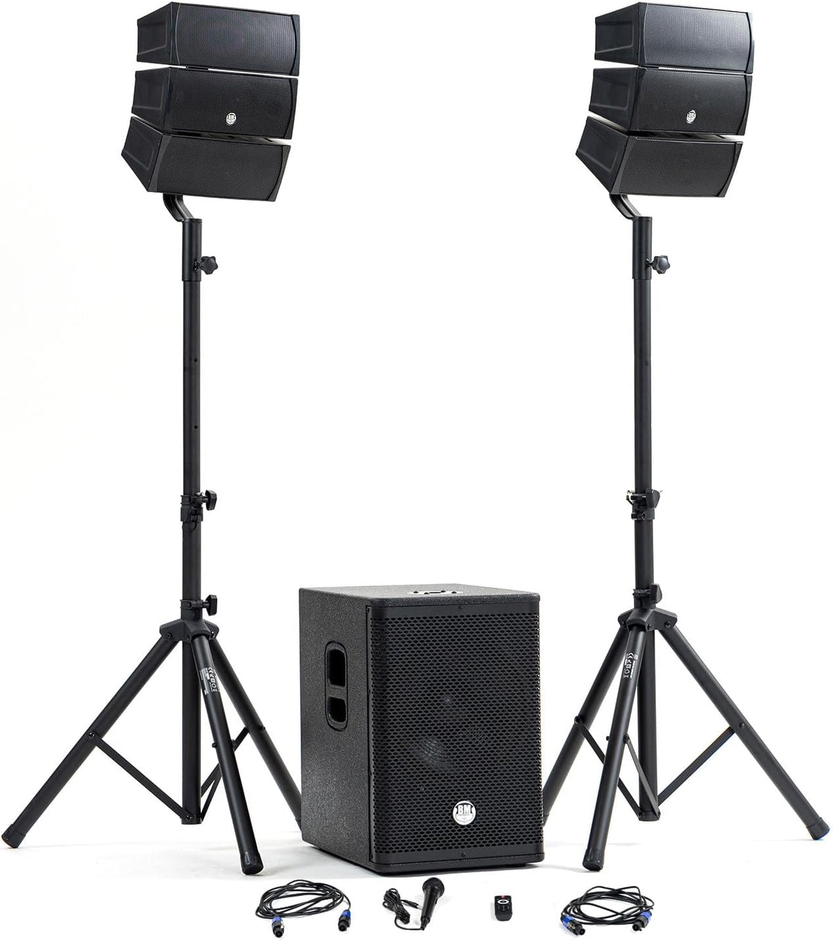 Pack de sonido DJ completo BM Bmsonic BMS-12-ARRAY-BT, 1000W, altavoces satélite, subwoofer de 31 cm, USB/Bluetooth, soportes y cables