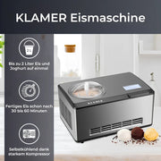 Máquina para hacer helados 2 en 1 con compresor, 2 L, 180 W, acero inoxidable, función de refrigeración y calentamiento, máquina para hacer yogur y helado