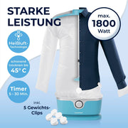 Plancha de camisas automática CLEANmaxx con accesorio para pantalones | Plancha para camisas, blusas y pantalones, más delicada que la secadora y la plancha | Secado y sin arrugas en minutos [azul claro]