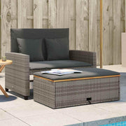 Sofá de jardín de 2 plazas vidaXL con cojines, sofá de exterior con taburete con almacenamiento, sofá con funda extraíble, muebles de jardín, juego de jardín, ratán sintético gris y madera de acacia
