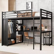 Estructura de cama alta tamaño queen con armario integrado, cama alta de metal con escritorio y estantes de almacenamiento, color negro