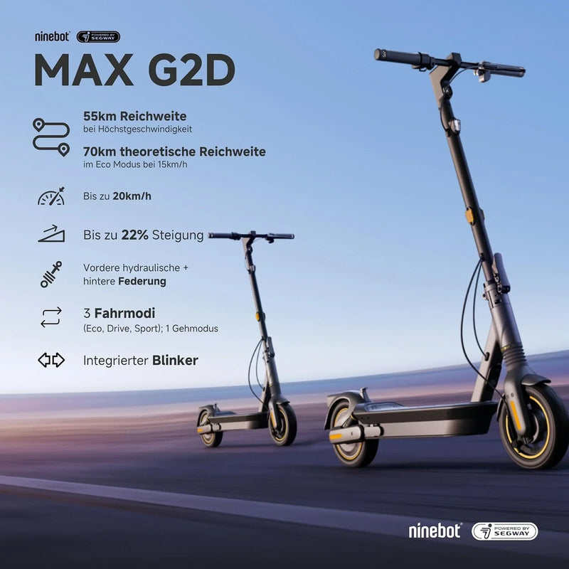 Patinete eléctrico homologado MAX G2 D 20 km/h, 70 km de autonomía, suspensión completa, 10 pulgadas, hasta 120 kg, modelo UE