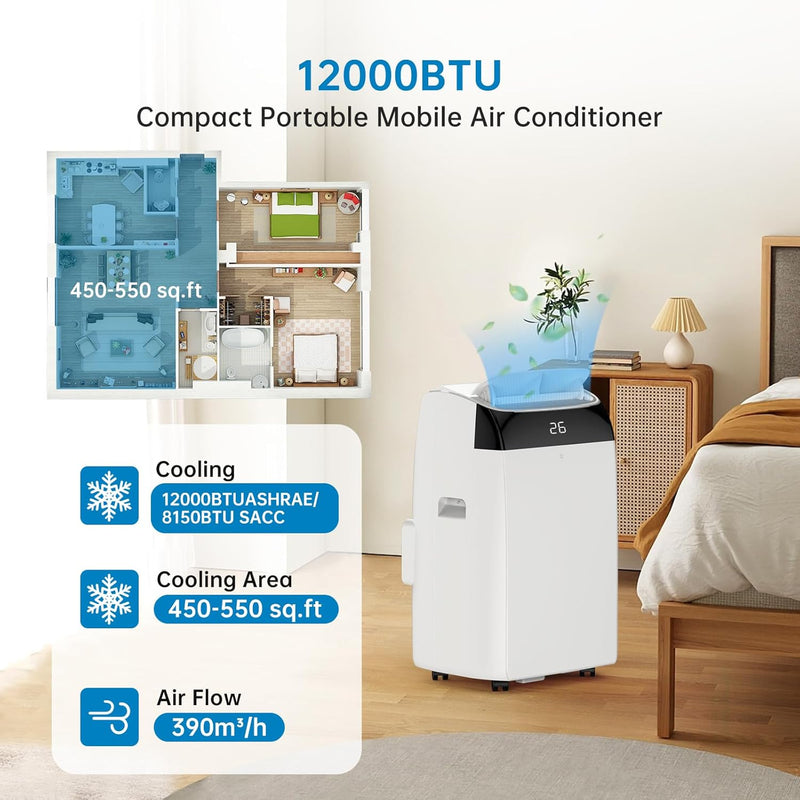 Aire Acondicionado Portátil Garvee 12000 BTU, 4 en 1 con Modo Noche, Temporizador 24H - Enfría hasta 50 m² - Para oficina, dormitorio, autocaravana - Eficiencia energética A, silencioso