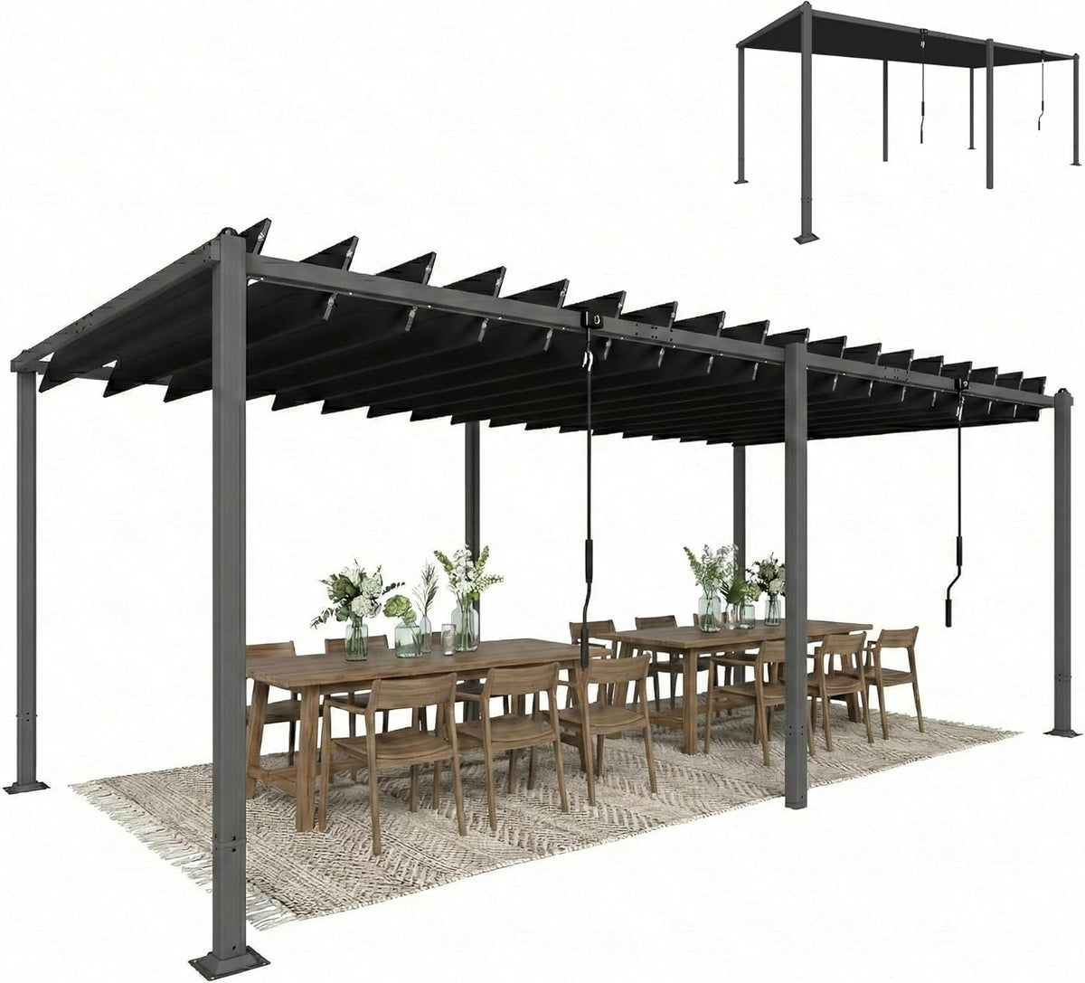 Pérgola de jardín Outsunny 3x5,7 m, cenador de jardín con techo de lamas ajustable a 90°, manivela, estructura de aluminio, protección UPF50+, pabellón para exterior, patio, terraza, gris oscuro