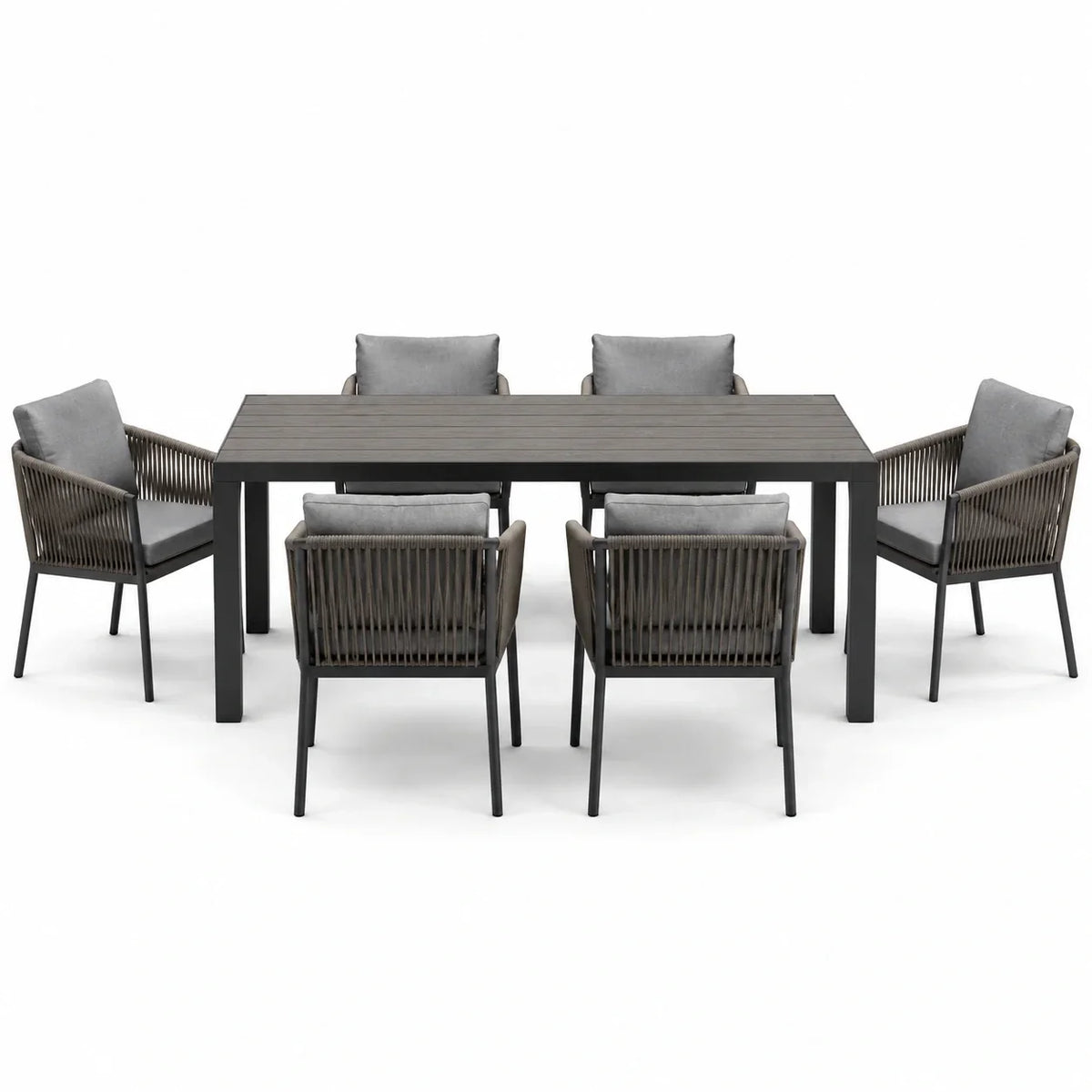 Conjunto de comedor de jardín de aluminio de 6 plazas con tablero de mesa de Polywood y coj ines grises