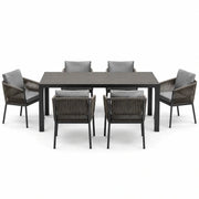 Conjunto de comedor de jardín de aluminio de 6 plazas con tablero de mesa de Polywood y coj ines grises