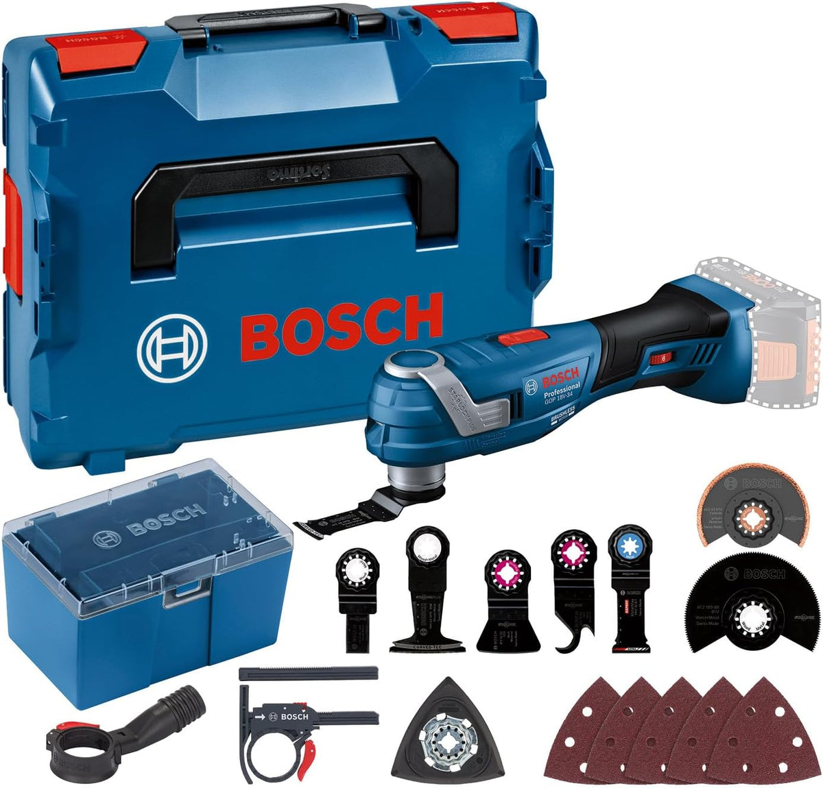 Multi-herramienta oscilante a batería Bosch Professional 18V System GOP 18V-34 (Vibration Control, incl. varias hojas de sierra, 1x placa lijadora, 5x hojas de lija, 5x accesorios, L-BOXX, sin batería/cargador)