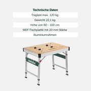 Mesa multifunción Metabo MWB 100, banco de trabajo plegable, caballete móvil, 120 kg, incl. 2 sargentos y 4 topes de banco