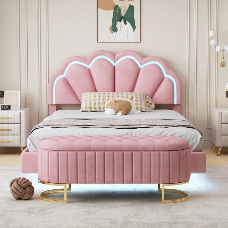 Juego de dormitorio de 2 piezas, cama de plataforma Full con luces LED y otomana de almacenamiento