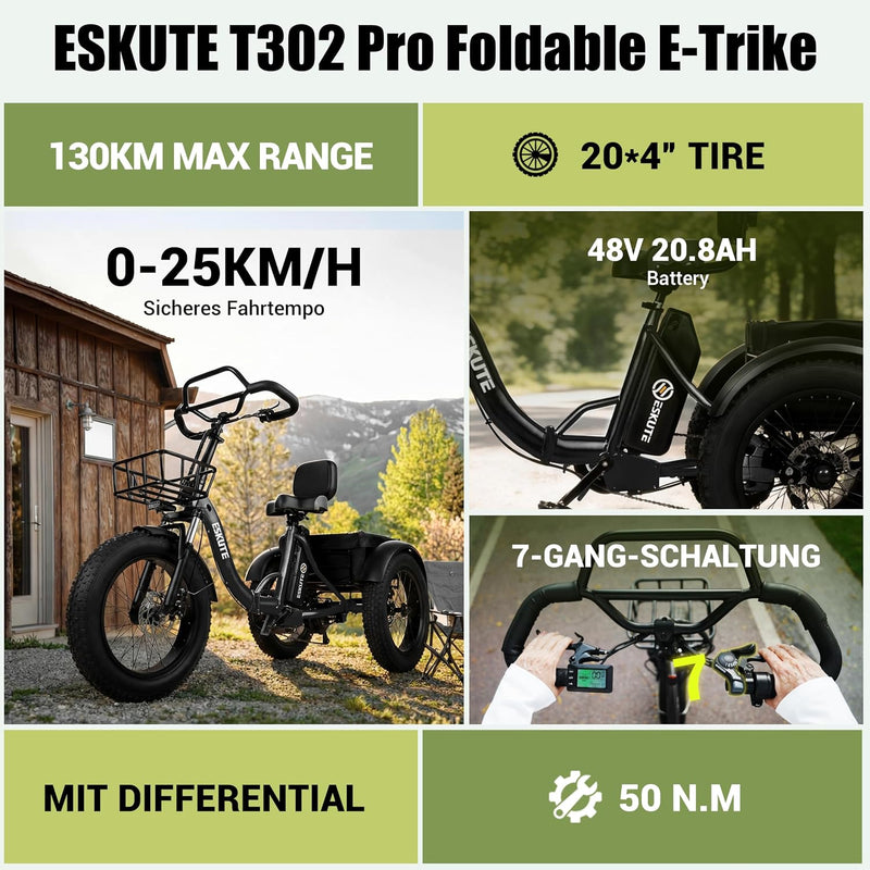 Triciclo eléctrico para adultos ESKUTE T302 Pro, batería de 48V 20,8Ah, triciclo eléctrico plegable con cuadro de acceso bajo, bicicleta eléctrica con neumáticos anchos de 20×4 pulgadas, 7 velocidades, 25 km/h, autonomía de 60–130 km
