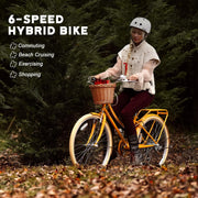 Glerc Missy 20, 24, 26 pulgadas bicicleta híbrida urbana tipo crucero para niñas, de 6 velocidades, con cesta de mimbre, para jóvenes mayores de 6 años, varios colores