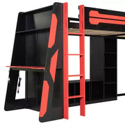Litera tipo loft en forma de L para juegos con escritorios, litera doble con luces LED, puertos USB, estanterías de almacenamiento, cama alta esquinera de madera para 2 personas