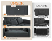 Sofá cama 3 en 1 LUXOAK 186 x 122 cm, gris, respaldo ajustable, acolchado cómodo de 12 cm, estructura de madera maciza y metal