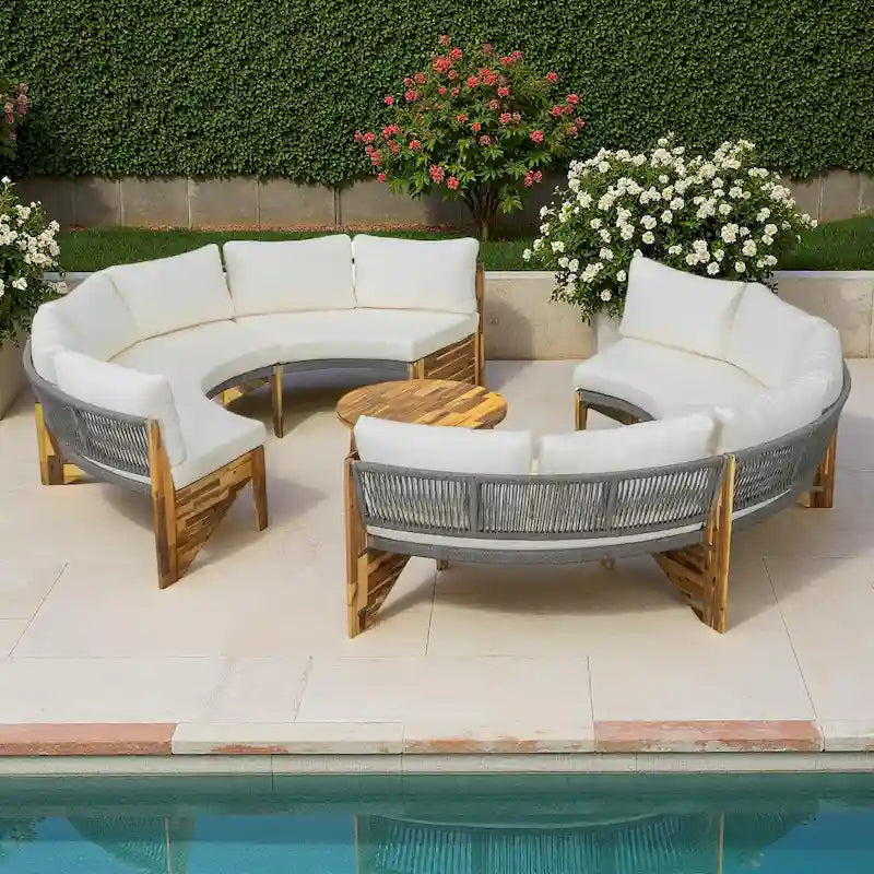 Set de sofá seccional redondo de madera de acacia para exteriores con mesa de centro, 12 plazas