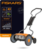 Fiskars Cortacésped manual, Cortacésped helicoidal con sistema de corte sin fricción, Ancho de corte: 43 cm, StaySharp Plus, Negro/Naranja/Plateado, 1015649
