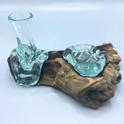 Jarrón de cristal sobre madera a la deriva con portavelas – Vidrio fundido sobre madera, decoración rústica de bosque, mini florero