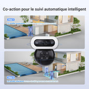 Cámara de vigilancia WiFi exterior inalámbrica EZVIZ 8MP (4MP+4MP) con doble objetivo motorizado, cámara exterior solar, modo siempre encendido, detección de personas/vehículos, CB90 Dual + panel solar de 8W
