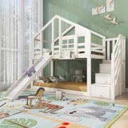 Cama litera infantil Merax 90x200cm, cama casita, litera alta con tobogán, escalera, compartimento de almacenamiento, espacio de almacenamiento, somier, protección anticaídas, con ventana, para 2 niños, sin colchón, blanco/254x96x207cm