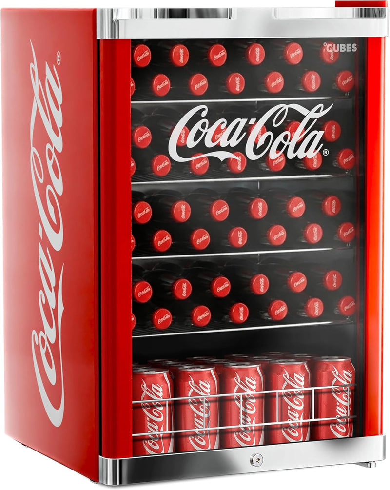 °CUBES Nevera Coca-Cola 115 L | Refrigerador de bebidas grande con puerta de cristal, perfecto para fiestas y uso comercial | Eficiencia energética, 84,5 cm de altura, 104 kWh/año - Refrigerador de botellas grande