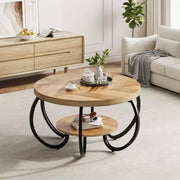 Mesa de centro industrial redonda de 30 pulgadas, 2 niveles con patas ajustables, estante con veta de madera, diseño de llama, fácil montaje, para sala de estar