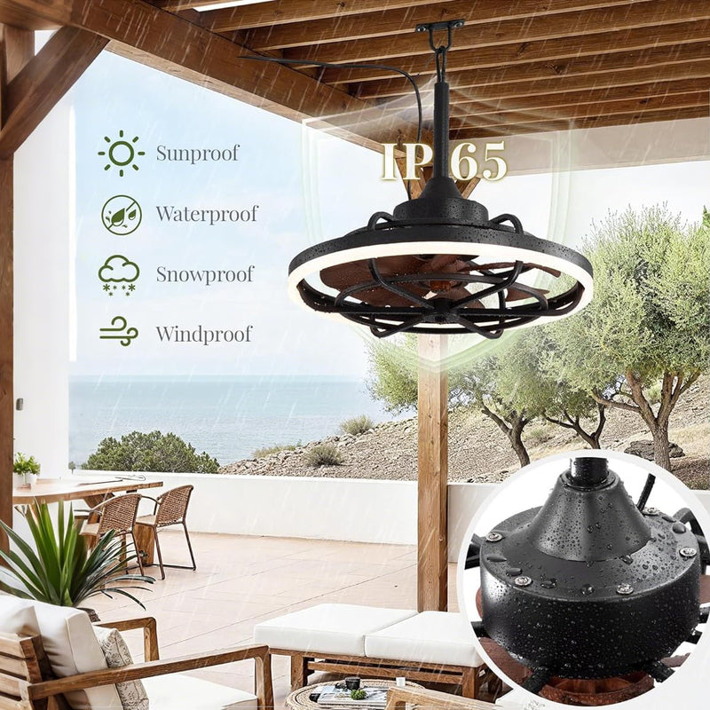 Ventilador de techo para exteriores KZT con iluminación, resistente al agua IP65, lámpara de techo con ventilador, mando a distancia, silencioso, 6 velocidades, regulable, para terrazas, cenadores y jardines.
