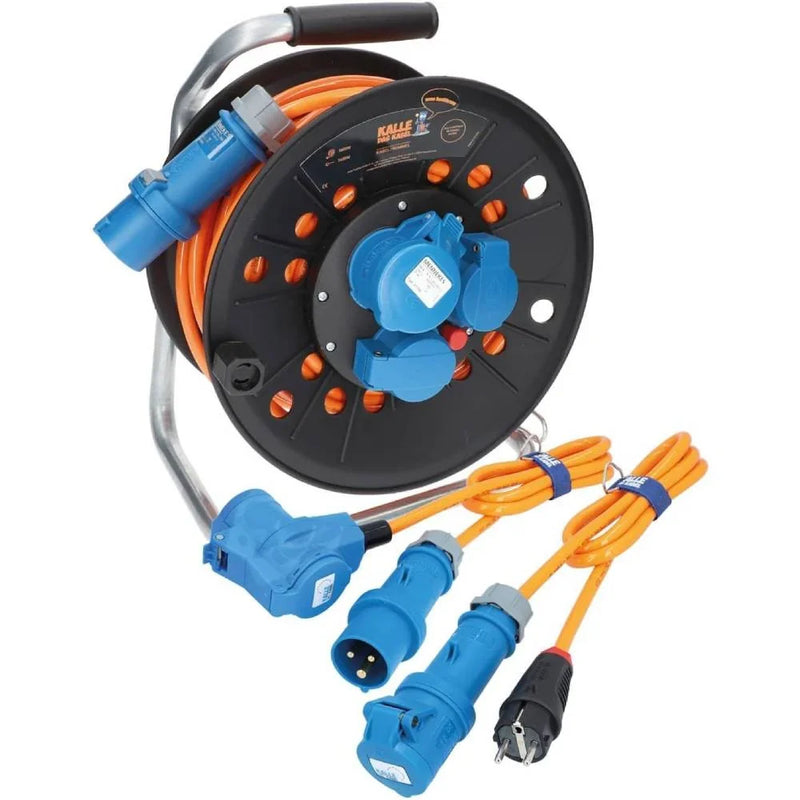 Enrollador de cable de camping CEE EXTREME SIGNAL H07BQ-F 3G 2,5mm² 25 m con acoplamiento angular, cable adaptador de 1,5 m para autocaravana