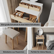 YU YUSING Tocador con iluminación LED y espejo, mesa de maquillaje con 3 cajones y taburete, brillo ajustable, tocador de 60 cm para espacios pequeños, dormitorio, color madera
