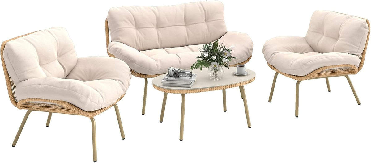 Outsunny Gartenmöbel Set 4-teilig Polyrattan Lounge-Set mit Zweisitzer 2 Sessel Tisch Tiefem Sitz Dicke Kissen Kunststoff-Tischplatte, Balkonmöbel für 4 Personen Sitzgruppe für Garten Balkon Beige