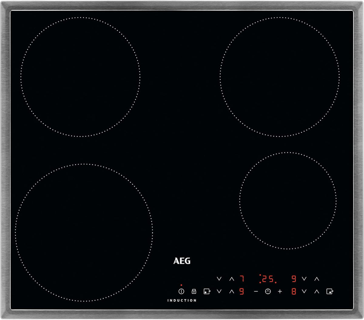 Placa de inducción AEG independiente 60 cm / 4 zonas con 2x función Power para cocción rápida / 9 niveles / marco de acero inoxidable / temporizador / control táctil / bloqueo para niños / indicador de calor residual / IKB6430AMB