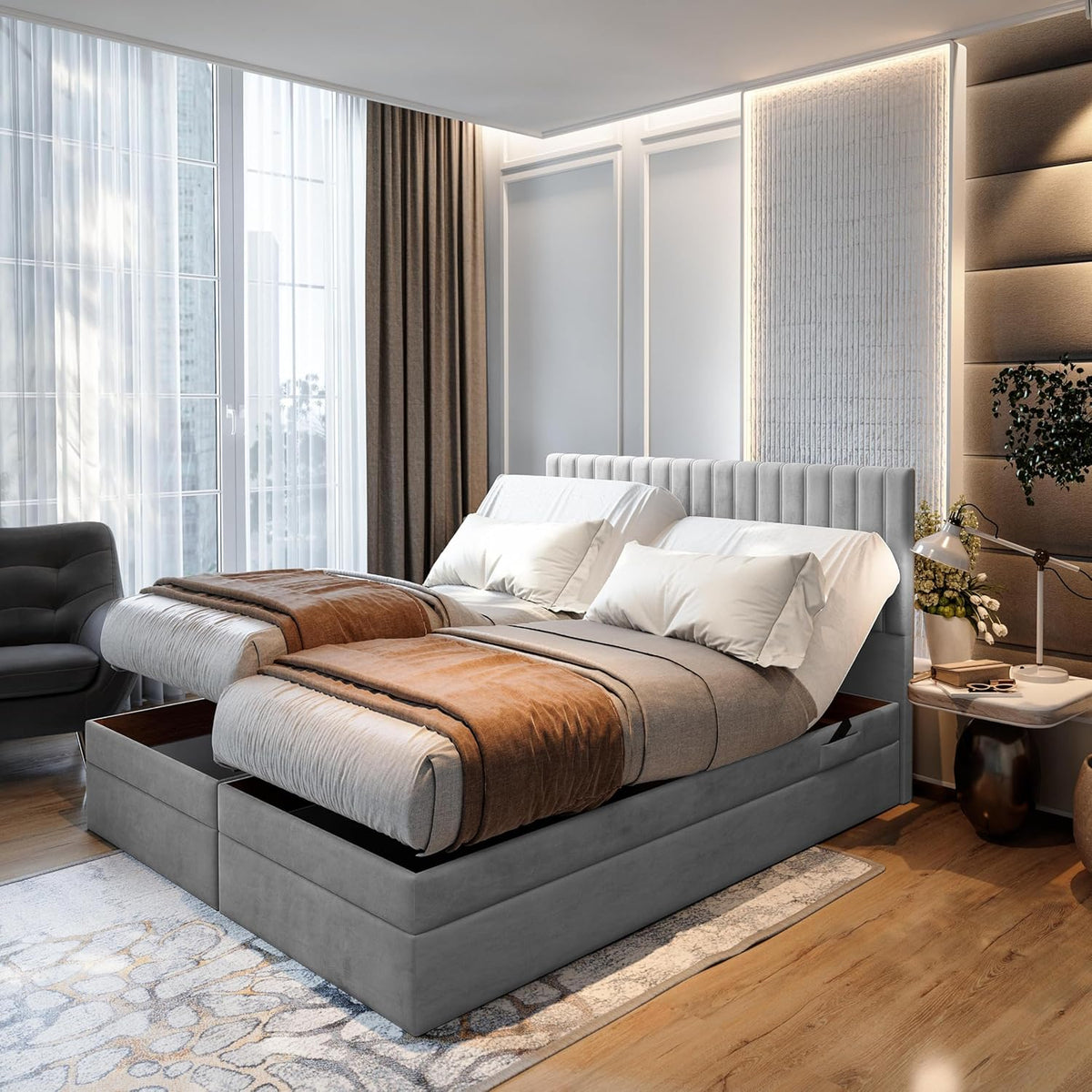 Cama boxspring TRADA ADÈLE 140x200 cm - cama eléctrica con colchón, sobrecolchón y arcón - tapizado de terciopelo - Gris claro