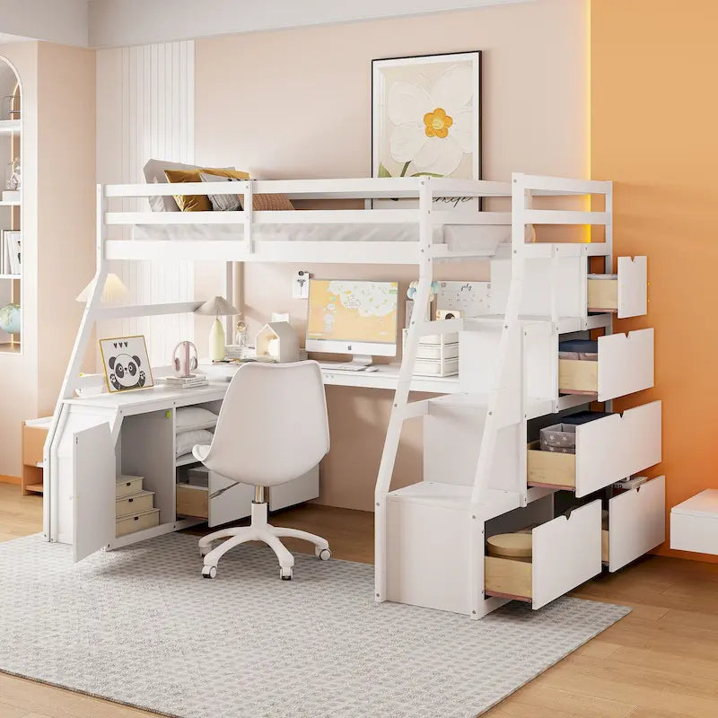 Cama alta de pino macizo con escritorio y almacenamiento