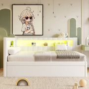 Cama con plataforma tapizada con puertos USB e iluminación LED - Base de cama matrimonial/individual con 2 cajones de almacenamiento - Dormitorio moderno