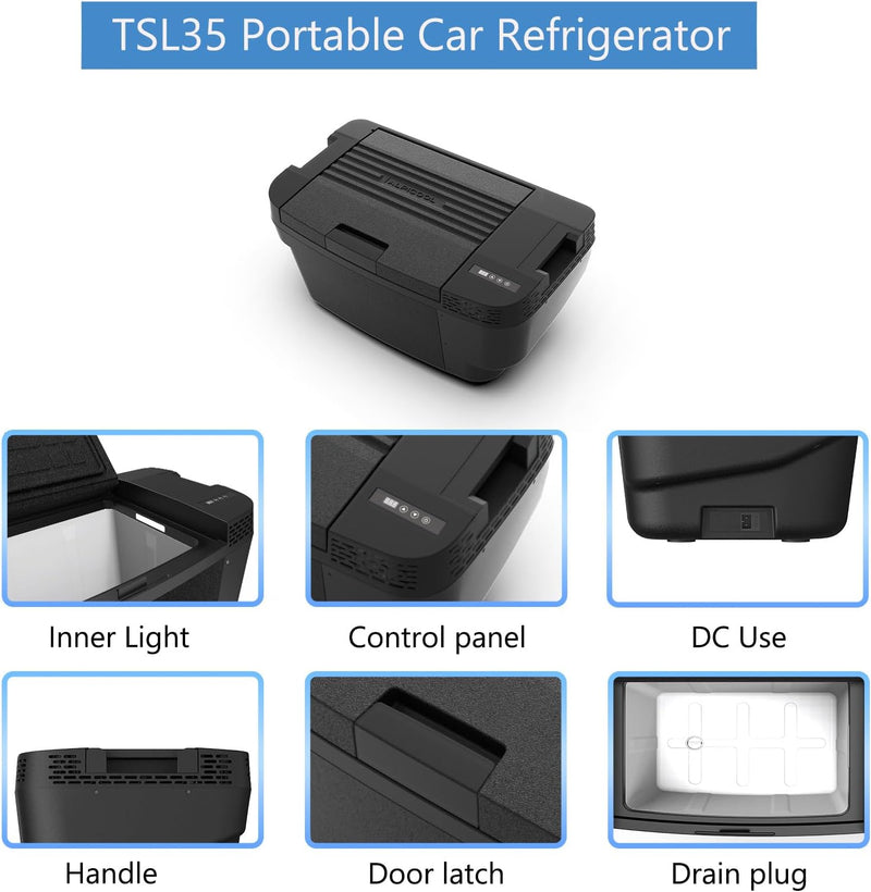 Alpicool TSL35 35L Nevera de compresor para Tesla Model Y, mini refrigerador de 12V, nevera eléctrica para coche, congelador portátil pequeño para camping