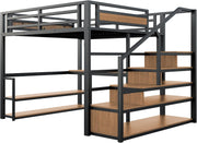 Litera alta de metal de 140x200 con escalera de almacenamiento con estantes y escritorio, diseño de valla de seguridad con tablones de metal unidos, cama de estructura de hierro alta con marco de metal para un soporte estable (negro)