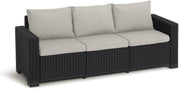 Sofá de jardín de 3 plazas Allibert California color antracita – Sofá lounge con aspecto de ratán para jardín, terraza y balcón – Sofá de exterior resistente a la intemperie incl. cómodos cojines de asiento y respaldo en color arena – 199 x 68 x 72 cm