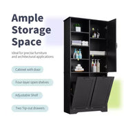 Gabinete de almacenamiento para baño con puertas y cajones, cesto para ropa abatible, espacio de almacenamiento múltiple, estilo independiente