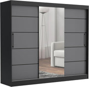 Brent - Armario con espejo y cajones de 235 cm de ancho Chelsea Tomy, armario de puertas correderas con espejo, armario de dormitorio, armario ropero negro/gris