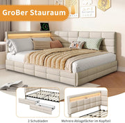 Cama tapizada doble, sofá cama de 140x200 con 2 cajones de almacenamiento, cama juvenil con USB, cama con almacenamiento, cama funcional con somier de láminas, cama infantil con cabecero LED, sin colchón (beige + lino)
