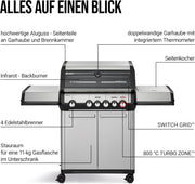 Barbacoa de gas Enders® MONROE PRO 4 SIKR TURBO, 4 quemadores de acero inoxidable, hornillo lateral, quemador trasero por infrarrojos, ventana de visualización, HEAT RANGE™, SWITCH GRID™, 800 °C TURBO ZONE™, SIMPLE CLEAN™, #8362