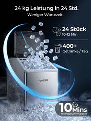 FOHERE Máquina de hielo de acero inoxidable 24 kg/24h, 24 cubitos en 10 min, 3,2 L, doble entrada de agua, 40 dB, temporizador, autolimpieza, descongelación