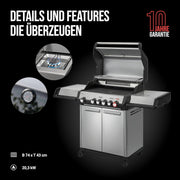 Barbacoa de gas Enders® MONROE PRO 4 SIKR TURBO, 4 quemadores de acero inoxidable, hornillo lateral, quemador trasero por infrarrojos, ventana de visualización, HEAT RANGE™, SWITCH GRID™, 800 °C TURBO ZONE™, SIMPLE CLEAN™, #8362
